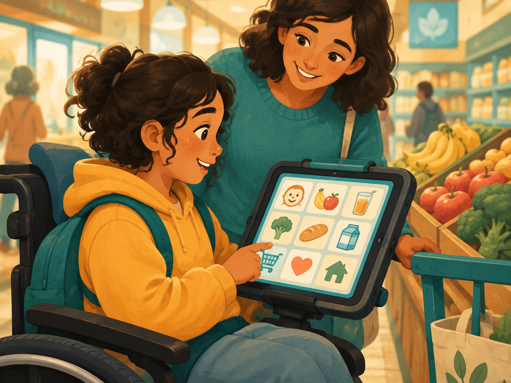 Jovem usando comunicação alternativa em tablet para escolher produtos