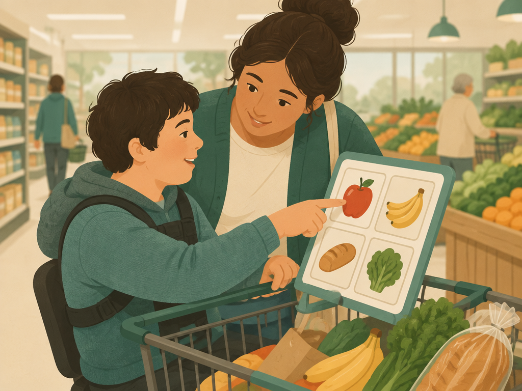 Cuidador apoiando pessoa com necessidades de comunicação nas compras