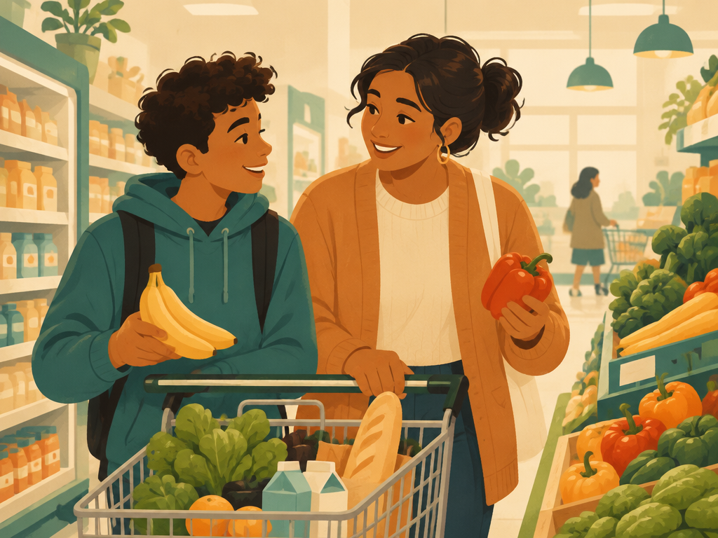 Adolescente e adulto escolhendo alimentos juntos no mercado